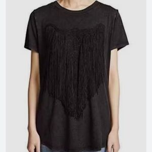 Haunted Hippie Acid Washed Black Western Tunic Top Size Small Fringe Skull